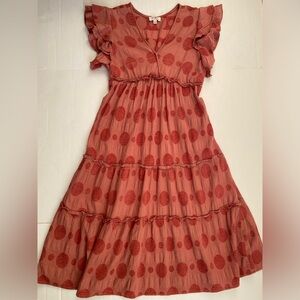 Umgee Rust Polka Dot Tiered Ruffle Dress Size Small Excellent Condition